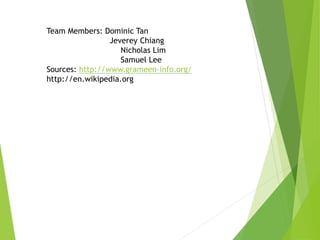 Team Members: Dominic Tan
Jeverey Chiang
Nicholas Lim
Samuel Lee
Sources: http://www.grameen-info.org/
http://en.wikipedia.org
 