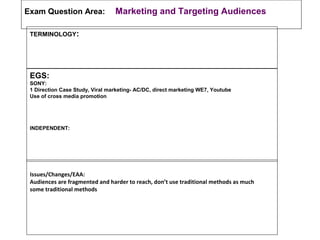 Exam Question Area:              Marketing and Targeting Audiences

 TERMINOLOGY:




 EGS:
 SONY:
 1 Direction Case Study, Viral marketing- AC/DC, direct marketing WE7, Youtube
 Use of cross media promotion




 INDEPENDENT:




 Issues/Changes/EAA:
 Audiences are fragmented and harder to reach, don’t use traditional methods as much
 some traditional methods
 