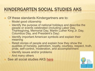 Kindergarten Social Studies AKS<br />Of these standards Kindergartners are to: <br />Model good citizenship<br />Identify ...