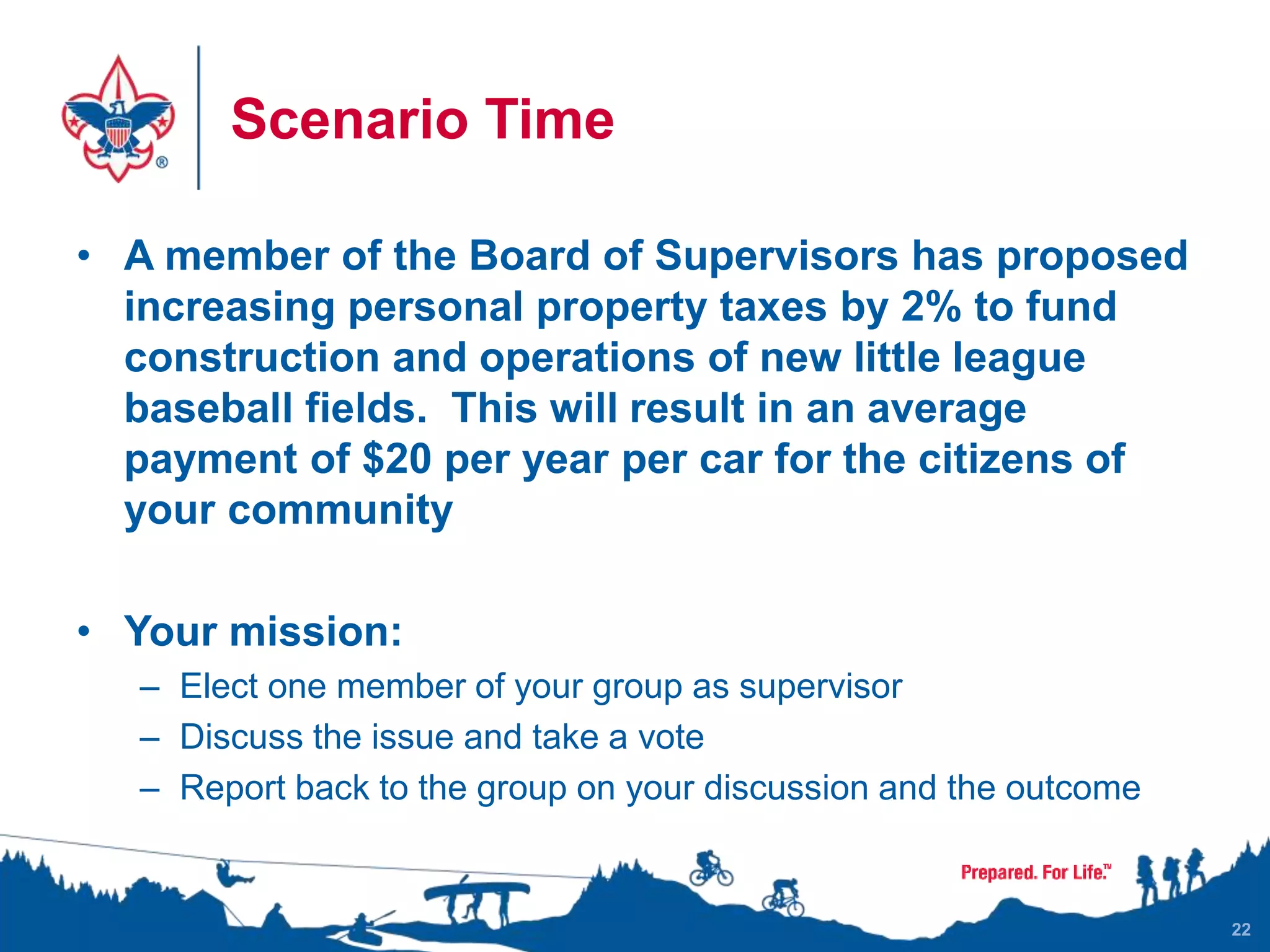 Scenario Time
• A member of the Board of Supervisors has proposed
increasing personal property taxes by 2% to fund
construction and operations of new little league
baseball fields. This will result in an average
payment of $20 per year per car for the citizens of
your community
• Your mission:
– Elect one member of your group as supervisor
– Discuss the issue and take a vote
– Report back to the group on your discussion and the outcome
22
 