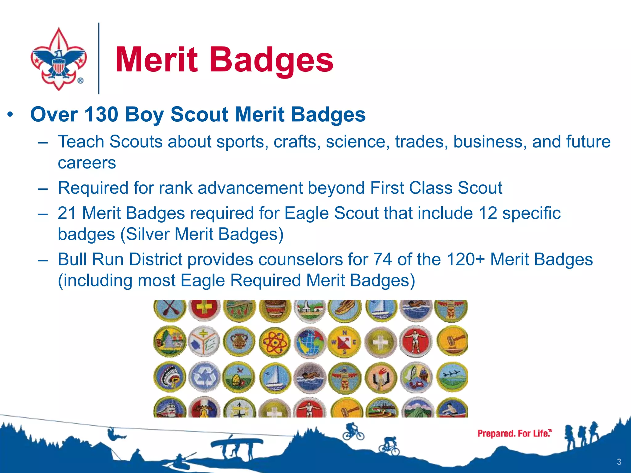 Merit Badges
3
• Over 130 Boy Scout Merit Badges
– Teach Scouts about sports, crafts, science, trades, business, and future
careers
– Required for rank advancement beyond First Class Scout
– 21 Merit Badges required for Eagle Scout that include 12 specific
badges (Silver Merit Badges)
– Bull Run District provides counselors for 74 of the 120+ Merit Badges
(including most Eagle Required Merit Badges)
 