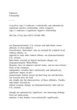 Unknown
Citizenship
− − −
A positive sign (+) indicates a statistically and substantively
significant positive relationship, while a negative
sign (−) indicates a significant negative relationship
482 Am J Crim Just (2017) 42:469–488
are disproportionately U.S. citizens and individuals whose
ethnicity is of an unknown
classification. Individuals who are arrested for a federal level
robbery offense, as
opposed to some other federal offense, are disproportionately
U.S. citizens.
Individuals arrested on federal marijuana charges are
disproportionately White/White
Hispanic, have an unknown marital status, and are non-citizens.
None of the examined
independent variables had a statistically and substantively
significant impact on dis-
proportionate federal arrests for hard drug use and therefore,
our research does not lend
any insight into the characteristics of these offenders. Finally,
individuals arrested on
federal weapons charges are disproportionately male and are
U.S. citizens.
Though not substantively significant, one interesting findings
from our multivariate
analyses is that females were statistically significantly,
 
