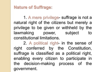 Nature of Suffrage:	1. A mere privilege- suffrage is not a natural right of the citizens but merely a privilege to be given or withheld by the lawmaking power, subject to constitutional limitations.	2. A political right- in the sense of right conferred by the Constitution, suffrage is classified as a political right, enabling every citizen to participate in the decision-making process of the government.