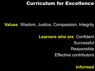 Curriculum for ExcellenceValues  Wisdom, Justice, Compassion, IntegrityLearners who are  Confident Successful ResponsibleEffective contributorsInformed