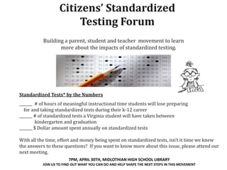 Citizens’ Standardized
                        Testing Forum
           Building a parent, student and teacher movement to learn
                  more about the impacts of standardized testing.




Standardized Tests* by the Numbers
_______ # of hours of meaningful instructional time students will lose preparing
  for and taking standardized tests during their k-12 career
_______ # of standardized tests a Virginia student will have taken between
         kindergarten and graduation
_______ $ Dollar amount spent annually on standardized tests

With all the time, effort and money being spent on standardized tests, isn’t it time we knew
the answers to these questions? If you want to know more about this issue, please attend our
next meeting.
                        7PM, APRIL 30TH, MIDLOTHIAN HIGH SCHOOL LIBRARY
           JOIN US TO FIND OUT WHAT YOU CAN DO AND HELP SHAPE THE NEXT STEPS IN THIS MOVEMENT
 