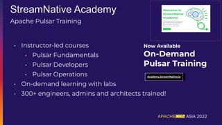Apache Pulsar Training
• Instructor-led courses
• Pulsar Fundamentals
• Pulsar Developers
• Pulsar Operations
• On-demand learning with labs
• 300+ engineers, admins and architects trained!
StreamNative Academy
Now Available
On-Demand
Pulsar Training
Academy.StreamNative.io
 