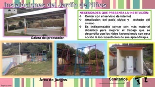 SanitariosÁrea de juegos
Galera del preescolar
NECESIDADES QUE PRESENTA LA INSTITUCIÓN:
 Contar con el servicio de internet
 Ampliación del patio cívico y techado del
mismo
 Es indispensable contar con más material
didáctico para mejorar el trabajo que se
desarrolla con los niños favoreciendo con esta
acción la incrementación de sus aprendizajes.
 