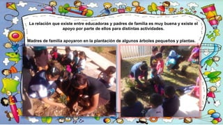La relación que existe entre educadoras y padres de familia es muy buena y existe el
apoyo por parte de ellos para distintas actividades.
Madres de familia apoyaron en la plantación de algunos árboles pequeños y plantas.
 