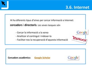 Per trobar informació especialitzada de qualitat.
Hi trobem diferents tipus de documents: articles
de revista, normes, patents, ressenyes de llibres,
imatges, actes de congressos…
Distingim entre les que ofereixen:
•Dades bàsiques (+ abstract)
•Text complet
Des de MetaLib per Matèries tenim accés a totes les bases de
dades de So, imatge i multimèdia
3. EINES DE CERCA D’INFORMACIÓ
 