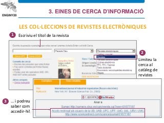 LES COL·LECCIONS DE REVISTES ELECTRÒNIQUES
2
Escriviu el títol de la revista
3
Limiteu la
cerca al
catàleg de
revistes
… i podreu
saber com
accedir-hi!
1
3. EINES DE CERCA D’INFORMACIÓ
 