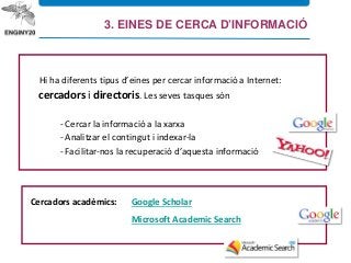 Hi ha diferents tipus d’eines per cercar informació a Internet:
cercadors i directoris. Les seves tasques són
- Cercar la informació a la xarxa
- Analitzar el contingut i indexar-la
- Facilitar-nos la recuperació d’aquesta informació
3.6. Internet
Cercadors acadèmics: Google Scholar
Microsoft Academic Search
3. EINES DE CERCA D’INFORMACIÓ
 