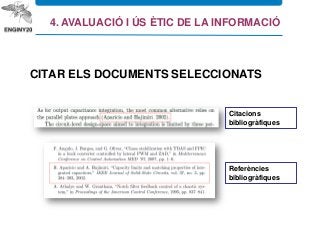 Citacions
bibliogràfiques
Referències
bibliogràfiques
CITAR ELS DOCUMENTS SELECCIONATS
4. AVALUACIÓ I ÚS ÈTIC DE LA INFORMACIÓ
 