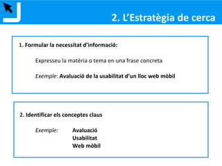 1. Tipologia de documents (llibres, articles...)
2. Estratègia de cerca
3. Eines de cerca d’informació
3.1. Bibliotècnica
3.2. Catàleg de biblioteques
3.3 Bases de dades especialitzades
3.4 Revistes electròniques
3.5 UPCommons
3.6 Internet
4. Avaluació i ús ètic de la informació
PROGRAMA
 