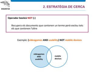 videogames
AND
usability
mobile
devices
Operador booleà NOT (-)
Recupera els documents que contenen un terme però exclou tots
els que contenen l’altre
Exemple: (videogames AND usability) NOT mobile devices
2. ESTRATÈGIA DE CERCA
 
