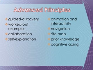 guided-discoveryworked-out examplecollaborationself-explanationanimation and interactivitynavigationsite mapprior knowledgecognitive agingAdvanced Principles