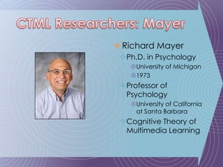 Richard MayerPh.D. in PsychologyUniversity of Michigan1973Professor of PsychologyUniversity of California at Santa BarbaraCognitive Theory of Multimedia LearningCTML Researchers: Mayer