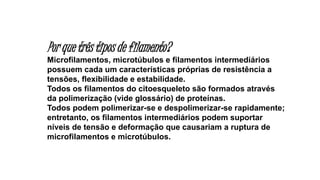 Por que três tipos de filamento?
Microfilamentos, microtúbulos e filamentos intermediários
possuem cada um características próprias de resistência a
tensões, flexibilidade e estabilidade.
Todos os filamentos do citoesqueleto são formados através
da polimerização (vide glossário) de proteínas.
Todos podem polimerizar-se e despolimerizar-se rapidamente;
entretanto, os filamentos intermediários podem suportar
níveis de tensão e deformação que causariam a ruptura de
microfilamentos e microtúbulos.
 