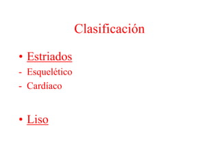 Clasificación
• Estriados
- Esquelético
- Cardíaco
• Liso
 