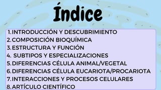 Índice
INTRODUCCIÓN Y DESCUBRIMIENTO
COMPOSICIÓN BIOQUÍMICA
ESTRUCTURA Y FUNCIÓN
SUBTIPOS Y ESPECIALIZACIONES
DIFERENCIAS CÉLULA ANIMAL/VEGETAL
DIFERENCIAS CÉLULA EUCARIOTA/PROCARIOTA
INTERACCIONES Y PROCESOS CELULARES
ARTÍCULO CIENTÍFICO
1.
2.
3.
4.
5.
6.
7.
8.
 