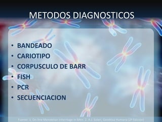 Fuente: 1. On-line Mendelian Inheritage in Men. 2. A.J. Solari, Genética Humana (2ª Edición)
METODOS DIAGNOSTICOS
• BANDEADO
• CARIOTIPO
• CORPUSCULO DE BARR
• FISH
• PCR
• SECUENCIACION
 