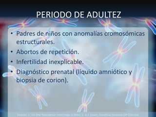 Fuente: 1. On-line Mendelian Inheritage in Men. 2. A.J. Solari, Genética Humana (2ª Edición)
PERIODO DE ADULTEZ
• Padres de niños con anomalías cromosómicas
estructurales.
• Abortos de repetición.
• Infertilidad inexplicable.
• Diagnóstico prenatal (líquido amniótico y
biopsia de corion).
 