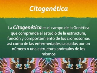 Citogenética
La Citogenética es el campo de la Genética
que comprende el estudio de la estructura,
función y comportamiento de los cromosomas
así como de las enfermedades causadas por un
número o una estructura anómalos de los
mismos
 