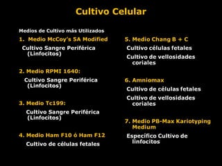 Cultivo Celular
Medios de Cultivo más Utilizados

1. Medio McCoy’s 5A Modified
Cultivo Sangre Periférica
(Linfocitos)
2. M...