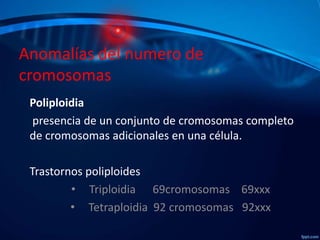 Anomalías del numero de
cromosomas
Poliploidia
presencia de un conjunto de cromosomas completo
de cromosomas adicionales en una célula.
Trastornos poliploides
• Triploidia 69cromosomas 69xxx
• Tetraploidia 92 cromosomas 92xxx

 