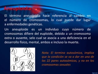 Aneuploidía
El término aneuploidía hace referencia al cambio en
el número de cromosomas, lo cual puede dar lugar
a enfermedades genéticas.
Un aneuploide es un individuo cuyo número de
cromosomas difiere del euploide, debido a un cromosoma
extra o ausente, selo cual se asocia a una deficiencia en el
desarrollo físico, mental, ambos e incluso la muerte.
Nota: El termino autosómico, implica
que la condición se va a dar en uno de
los 22 pares autosómicos, y no en los
cromosomas sexuales

 