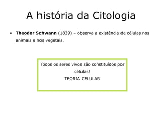 A história da Citologia
• Theodor Schwann (1839) – observa a existência de células nos
animais e nos vegetais.
Todos os seres vivos são constituídos por
células!
TEORIA CELULAR
 