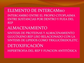  ELEMENTO DE INTERCAMBIO
 INTERCAMBIO ENTRE EL PROPIO CITOPLASMA
 ENTRE SUSTANCIAS POR DENTRO Y FUEA DEL
 REP
 ALMACENAMIENTO
 SINTESIS DE PROTEINAS Y ALMACENAMIENTO
 GLUCÓGENO.REP LISO RELACIONADO CON LA
 SINTESIS DE LIPIDOS COMO TRIGLICÉRIDOS,ETC.
 DETOXIFICACIÓN
 HIPERTROFIA DEL REP Y FUNCION ANTITÓXICA
 