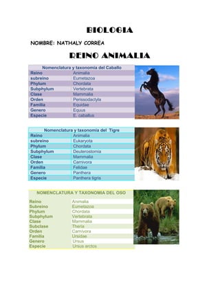 BIOLOGIA
NOMBRE: NATHALY CORREA
REINO ANIMALIA
Nomenclatura y taxonomía del Caballo
Reino Animalia
subreino Eumetazoa
Phylum Chordata
Subphylum Vertebrata
Clase Mammalia
Orden Perissodactyla
Familia Equidae
Genero Equus
Especie E. caballus
Nomenclatura y taxonomía del Tigre
Reino Animalia
subreino Eukaryota
Phylum Chordata
Subphylum Deuterostomia
Clase Mammalia
Orden Carnivora
Familia Felidae
Genero Panthera
Especie Panthera tigris
NOMENCLATURA Y TAXONOMIA DEL OSO
Reino Animalia
Subreino Eumetazoa
Phylum Chordata
Subphylum Vertebrata
Clase Mammalia
Subclase Theria
Orden Carnívora
Familia Ursidae
Genero Ursus
Especie Ursus arctos
 
