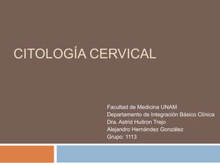 CITOLOGÍA CERVICAL


           Facultad de Medicina UNAM
           Departamento de Integración Básico Clínica
           Dra. Astrid Huitron Trejo
           Alejandro Hernández González
           Grupo: 1113
 