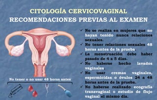 CITOLOGÍA CERVICOVAGINAL
RECOMENDACIONES PREVIAS AL EXAMEN
 No se realiza en mujeres que no
hayan tenido nunca relaciones
sexuales.
 No tener relaciones sexuales 48
horas antes de la prueba.
 La menstruación debe haber
pasado de 4 a 5 días.
 No haberse hecho lavados
vaginales.
 No usar cremas vaginales,
espermicidas o óvulos 24 a 48
horas antes de la prueba.
 No haberse realizado ecografía
transvaginal o estudio de flujo
vaginal el mismo día.
No tener o no usar 48 horas antes
 