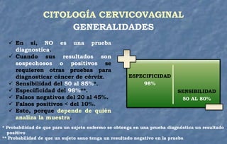  En sí, NO es una prueba
diagnostica.
 Cuando sus resultados son
sospechosos o positivos se
requieren otras pruebas para
diagnosticar cáncer de cérvix.
 Sensibilidad del 50 al 85%*.
 Especificidad del 98%**.
 Falsos negativos del 20 al 45%.
 Falsos positivos < del 10%.
 Esto, porque depende de quién
analiza la muestra.
CITOLOGÍA CERVICOVAGINAL
GENERALIDADES
* Probabilidad de que para un sujeto enfermo se obtenga en una prueba diagnóstica un resultado
positivo
** Probabilidad de que un sujeto sano tenga un resultado negativo en la prueba
ESPECIFICIDAD
98%
SENSIBILIDAD
50 AL 80%
 
