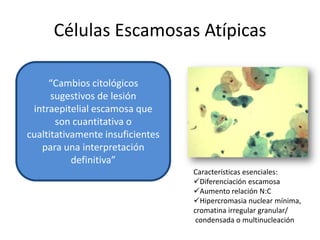 Células Escamosas Atípicas

     “Cambios citológicos
      sugestivos de lesión
 intraepitelial escamosa que
       son cuantitativa o
cualtitativamente insuficientes
   para una interpretación
           definitiva”
                                  Características esenciales:
                                  Diferenciación escamosa
                                  Aumento relación N:C
                                  Hipercromasia nuclear mínima,
                                  cromatina irregular granular/
                                   condensada o multinucleación
 