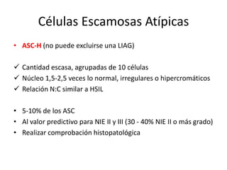 Células Escamosas Atípicas
• ASC-H (no puede excluirse una LIAG)

 Cantidad escasa, agrupadas de 10 células
 Núcleo 1,5-2,5 veces lo normal, irregulares o hipercromáticos
 Relación N:C similar a HSIL

• 5-10% de los ASC
• Al valor predictivo para NIE II y III (30 - 40% NIE II o más grado)
• Realizar comprobación histopatológica
 