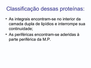 Classificação dessas proteínas:
• As integrais encontram-se no interior da
camada dupla de lipídios e interrompe sua
continuidade;
• As periféricas encontram-se aderidas à
parte periférica da M.P.
 