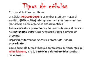 Tipos de células
Existem dois tipos de células:
as células PROCARIOTAS, que embora tenham material
genético (DNA e RNA), não apresentam membrana nuclear
(carioteca) e nem organelas citoplasmáticas.
A única estrutura presente no citoplasma dessas células são
os ribossomos, estruturas necessárias para a síntese de
proteínas.
Organismos formados de células procariotas são os
procariontes.
Como exemplo temos todos os organismos pertencentes ao
reino Monera, isto é, bactérias e cianobactérias, antigas
cianofíceas.
 