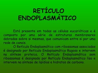 RETÍCULO ENDOPLASMÁTICO  Está presente em todas as células eucarióticas e é composto por uma série de estruturas membranares dobradas sobre si mesmas, que comunicam entre si por uma rede de canais. O Retículo Endoplasmático com ribossomas associados é designado por Retículo Endoplasmático Rugoso e intervem na síntese proteica. O Retículo Endoplasmático sem ribossomas é designado por Retículo Endoplasmático liso e intervem na síntese de lipídios e hidratos de carbono. 