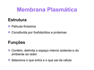 Membrana Plasmática
Estrutura
 Película finíssima
 Constituída por fosfolipídios e proteínas


Funções
 Contém, delimita o espaço interno isolando-o do
 ambiente ao redor
 Seleciona o que entra e o que sai da célula
 