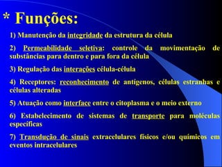 * Funções: 1) Manutenção da  integridade  da estrutura da célula 2)  Permeabilidade seletiva : controle da movimentação de substâncias para dentro e para fora da célula 3) Regulação das  interações  célula-célula 4) Receptores:  reconhecimento  de antígenos, células estranhas e células alteradas 5) Atuação como  interface  entre o citoplasma e o meio externo 6) Estabelecimento de sistemas de  transporte  para moléculas específicas 7)  Transdução de sinais  extracelulares físicos e/ou químicos em eventos intracelulares 