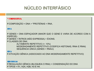 NÚCLEO INTERFÁSICO
 CROMATINA:
# COMPOSIÇÃO = DNA + *PROTEÍNAS + RNA.
DNA
# GENES + DNA ESPAÇADOR (MAIOR QUE O GENE E VARIA DE ACORDO COM A
ESPÉCIE);
# GENES = ÍNTROS (NÃO EXPRESSA) + ÉXONS.
# CLASSES DE DNA:
ALTAMENTE REPETITIVO (+- 10%)
MODERADAMENTE REPETITIVO (CODIFICA HISTONAS, RNAr E RNAt)
SEQUÊNCIA ÚNICA (GENES = RNAm)
RNA
# ATIVAÇÃO GÊNICA (ASSOCIADO AO DNA MODERADAMENTE REPETITIVO)
HISTONAS
# REGULAÇÃO GÊNICA (BLOQUEIA O RNA) + CONDENSAÇÃO DO DNA
# TIPOS = H1, H2A, H2B, H3 E H4.
 CROMATINA:
# COMPOSIÇÃO = DNA + *PROTEÍNAS + RNA.
DNA
# GENES + DNA ESPAÇADOR (MAIOR QUE O GENE E VARIA DE ACORDO COM A
ESPÉCIE);
# GENES = ÍNTROS (NÃO EXPRESSA) + ÉXONS.
# CLASSES DE DNA:
ALTAMENTE REPETITIVO (+- 10%)
MODERADAMENTE REPETITIVO (CODIFICA HISTONAS, RNAr E RNAt)
SEQUÊNCIA ÚNICA (GENES = RNAm)
RNA
# ATIVAÇÃO GÊNICA (ASSOCIADO AO DNA MODERADAMENTE REPETITIVO)
HISTONAS
# REGULAÇÃO GÊNICA (BLOQUEIA O RNA) + CONDENSAÇÃO DO DNA
# TIPOS = H1, H2A, H2B, H3 E H4.
 