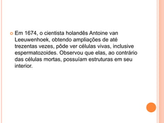  Em 1674, o cientista holandês Antoine van
Leeuwenhoek, obtendo ampliações de até
trezentas vezes, pôde ver células vivas, inclusive
espermatozoides. Observou que elas, ao contrário
das células mortas, possuíam estruturas em seu
interior.
 