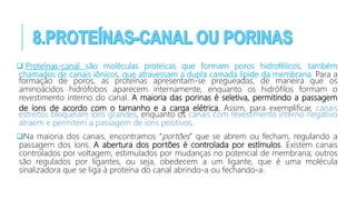  Proteínas-canal são moléculas proteicas que formam poros hidrofélicos, também
chamados de canais iônicos, que atravessam a dupla camada lípide da membrana. Para a
formação de poros, as proteínas apresentam-se pregueadas, de maneira que os
aminoácidos hidrófobos aparecem internamente, enquanto os hidrófilos formam o
revestimento interno do canal. A maioria das porinas é seletiva, permitindo a passagem
de íons de acordo com o tamanho e a carga elétrica. Assim, para exemplificar, canais
estreitos bloqueiam íons grandes, enquanto os canais com revestimento interno negativo
atraem e permitem a passagem de íons positivos.
Na maioria dos canais, encontramos “portões” que se abrem ou fecham, regulando a
passagem dos íons. A abertura dos portões é controlada por estímulos. Existem canais
controlados por voltagem, estimulados por mudanças no potencial de membrana; outros
são regulados por ligantes, ou seja, obedecem a um ligante, que é uma molécula
sinalizadora que se liga à proteína do canal abrindo-a ou fechando-a.
 