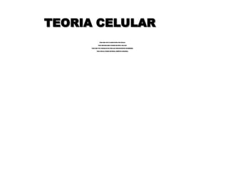 TEORIA CELULAR
TEORIA CELULAR
TODO SER VIVO É CONSTITUÍDO POR CÉLULA
TODO METABOLISMO OCORRE EM NÍVEL CELULAR
TODO SER VIVO ORIGINA-SE DE CÉLULAS PRÉ-EXISTENTES (BIOGÊNESE)
TODA CÉLULA POSSUI MATERIAL GENÉTICO (DNA/RNA)
 