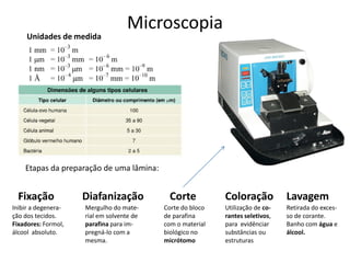 Microscopia
Unidades de medida
Etapas da preparação de uma lâmina:
Fixação
Inibir a degenera-
ção dos tecidos.
Fixadores: Formol,
álcool absoluto.
Diafanização
Mergulho do mate-
rial em solvente de
parafina para im-
pregná-lo com a
mesma.
Corte
Corte do bloco
de parafina
com o material
biológico no
micrótomo
Coloração
Utilização de co-
rantes seletivos,
para evidênciar
substâncias ou
estruturas
Lavagem
Retirada do exces-
so de corante.
Banho com água e
álcool.
 