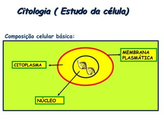 Citologia ( Estudo da célula)

Composição celular básica:

                               MEMBRANA
                               PLASMÁTICA
   CITOPLASMA




           NÚCLEO
 