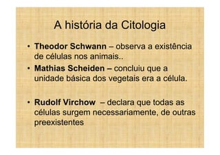 A história da Citologia
• Theodor Schwann – observa a existência
  de células nos animais..
• Mathias Scheiden – concluiu que a
  unidade básica dos vegetais era a célula.

• Rudolf Virchow – declara que todas as
  células surgem necessariamente, de outras
  preexistentes
 