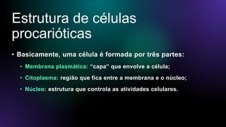 Estrutura de células
procarióticas
• Basicamente, uma célula é formada por três partes:
• Membrana plasmática: “capa” que envolve a célula;
• Citoplasma: região que fica entre a membrana e o núcleo;
• Núcleo: estrutura que controla as atividades celulares.
 